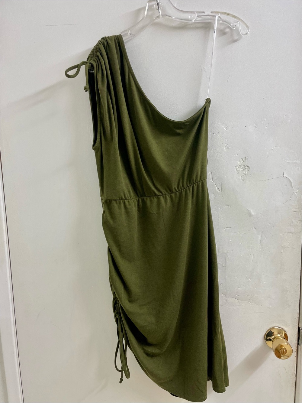 Lulu's Olive One-Shoulder Ruched Drawstring Dress - Picture 3 of 7